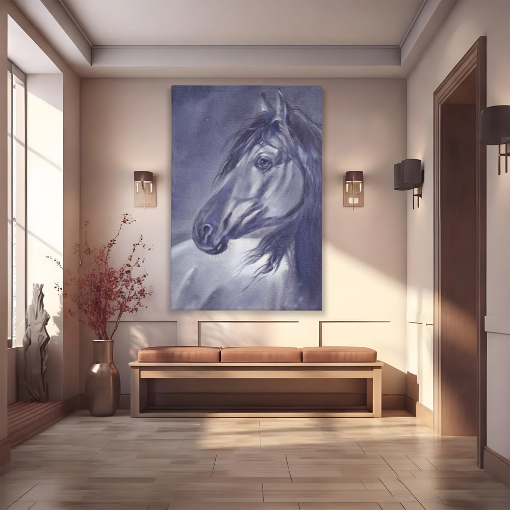 Tablou canvas cu tablou canvas cu portret de cal gri, fara rama, pe sasiu de lemn